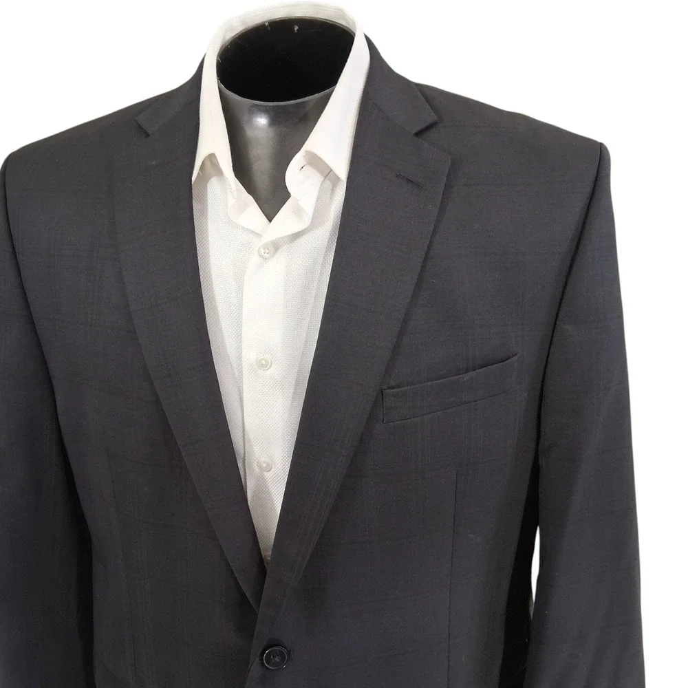 Calvin Klein Suit 44R 40 x 30 Gray Plaid Wool 2 Button Double Vent Flat Front